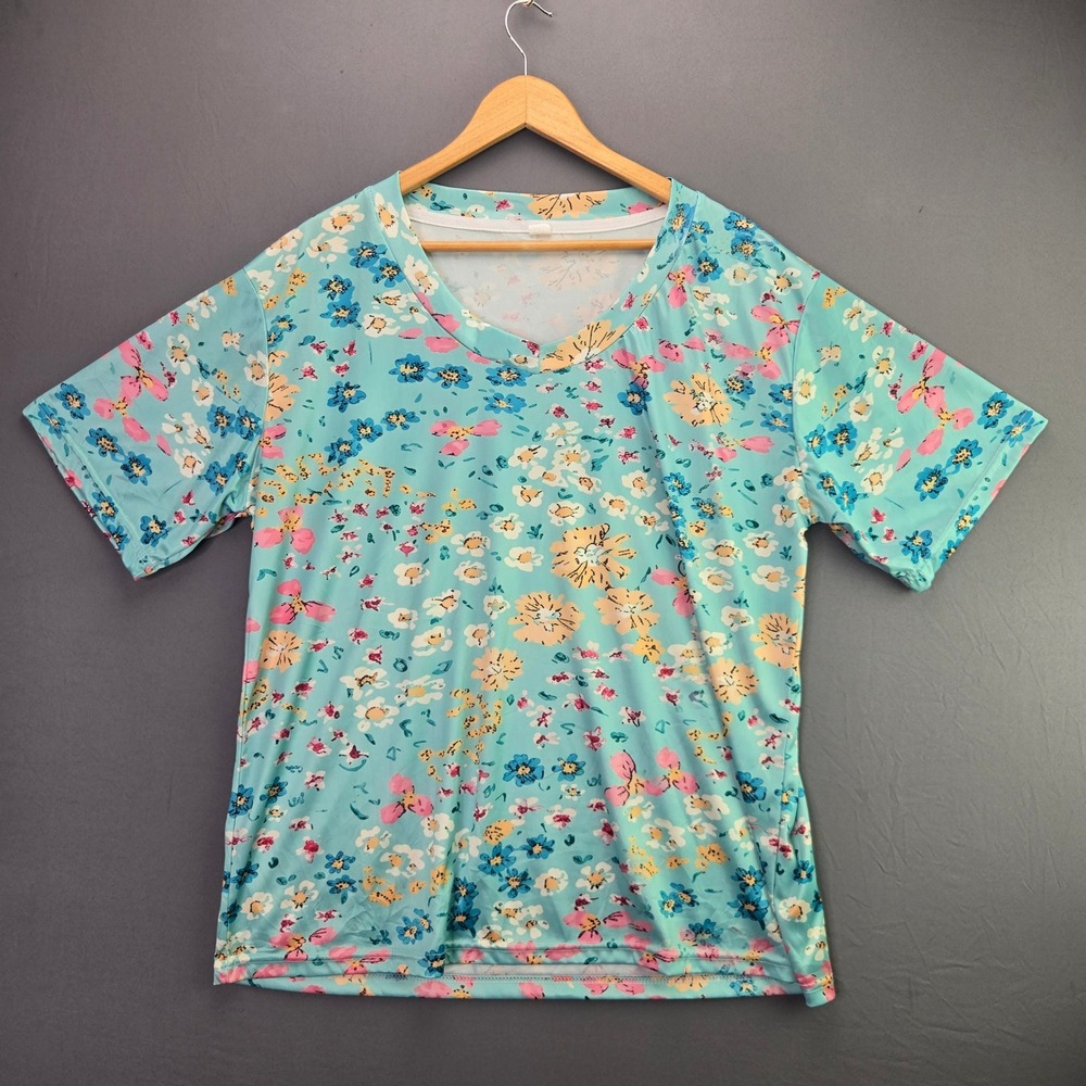 Unbranded Floral T-Shirt V-Neck Short Sleeve 2XL Blue Pink Yellow Casual Tee